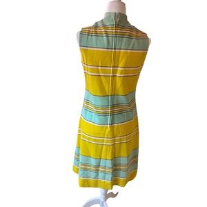 Vintage David Crystal Fashion 60s Mod Yellow Mint Striped Mock Neck Shift Dress
